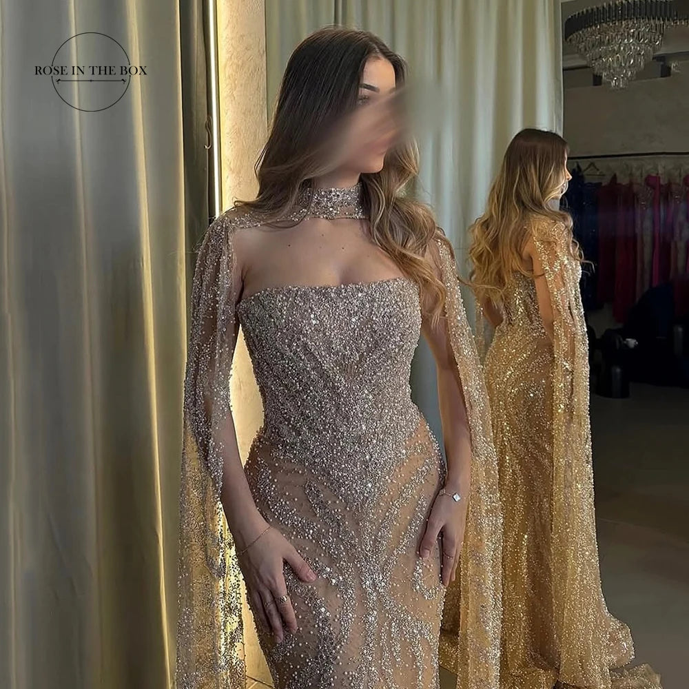 Luxury Dubai Nude Strapless Mermaid Evening Dresses Detachable Cape Beaded Elegant Arabia Gowns For Formal Occasion Customized