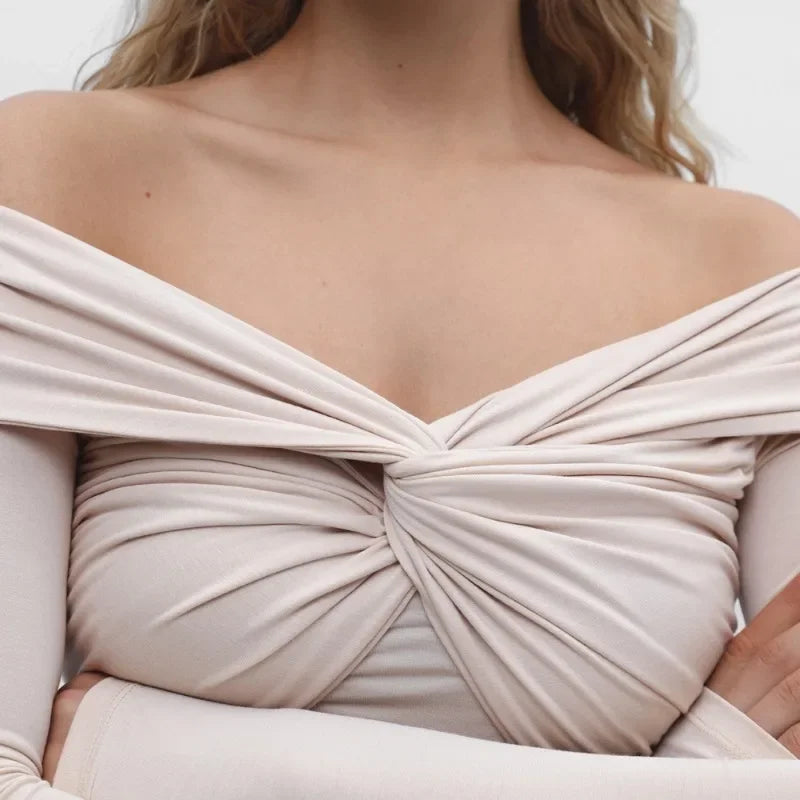Sexy T-shirt Top Women's Pleated Long Sleeve Inner V-Neck White Slim Twist Cropped Pullover Female Tee