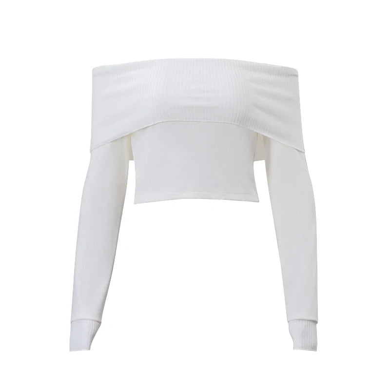 WhereMery Solid Elegant Off Shoulder Ribbed Crop Tops Summer Fashion Casual Skinny Long Sleeve Camisole Gentle Y2K Tight T-shirt