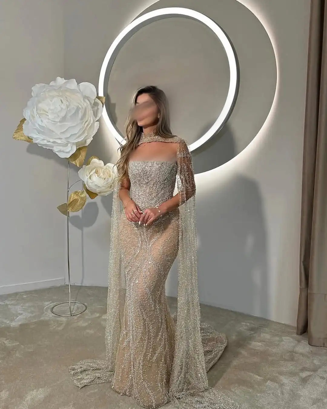 Luxury Dubai Nude Strapless Mermaid Evening Dresses Detachable Cape Beaded Elegant Arabia Gowns For Formal Occasion Customized