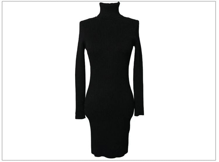 Women Turtleneck Warm Bodycon Dress Long Sleeve Knit Solid Office Pullover Sexy Mini Dress for Ladies 2025