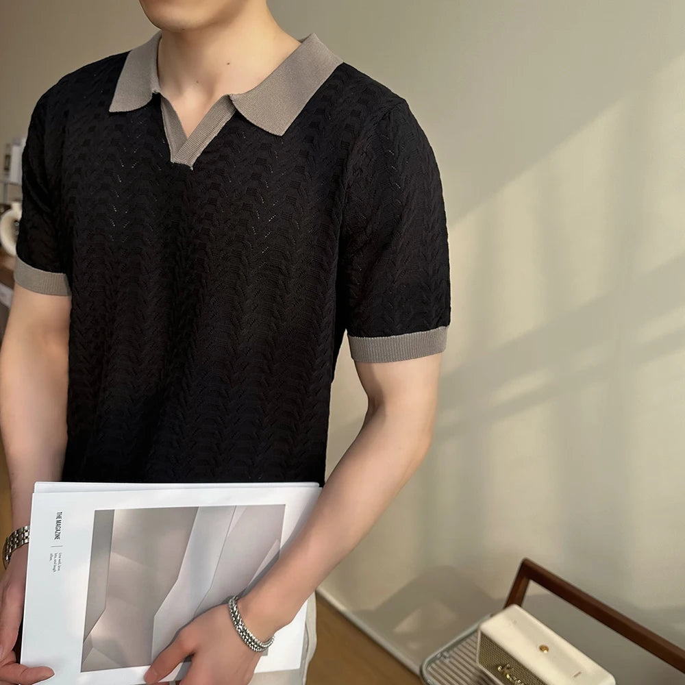 Men's 2025 Summer New Knitwear, Versatile Breathable Hollow Thin Short Sleeve Polo Shirt Fashion Plus Size Shirt Polo Shirt