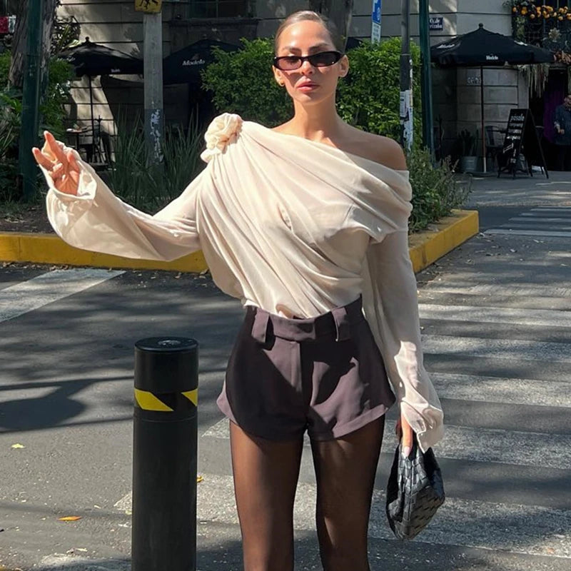Sexy Irregular Oblique-neck Flower Applique T Shirt Summer Off Shoulder Fashion Long Sleeve Crop Tops Street Mesh Tees