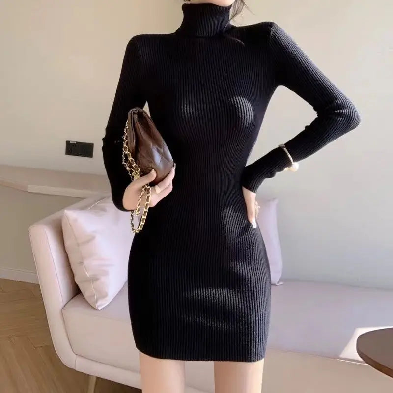 Women Turtleneck Warm Bodycon Dress Long Sleeve Knit Solid Office Pullover Sexy Mini Dress for Ladies 2025