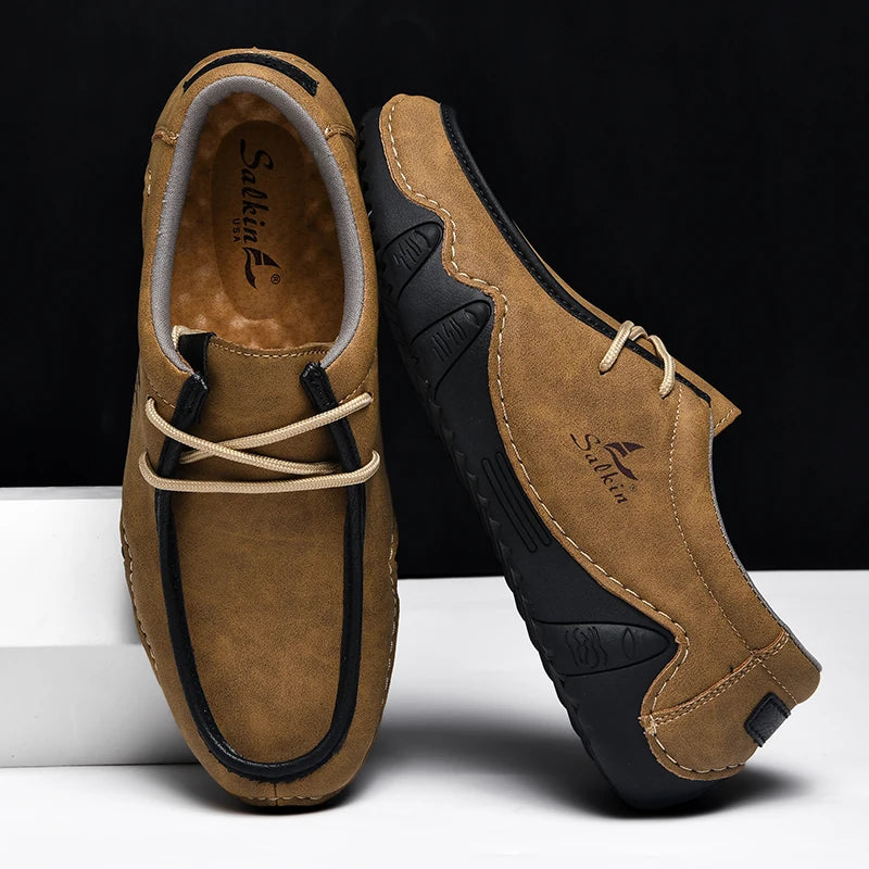 Handmade Leather Casual Men Shoes Design Sneakers Man Loafers Breathable Low Top Flat Shoes Driving Plus Size