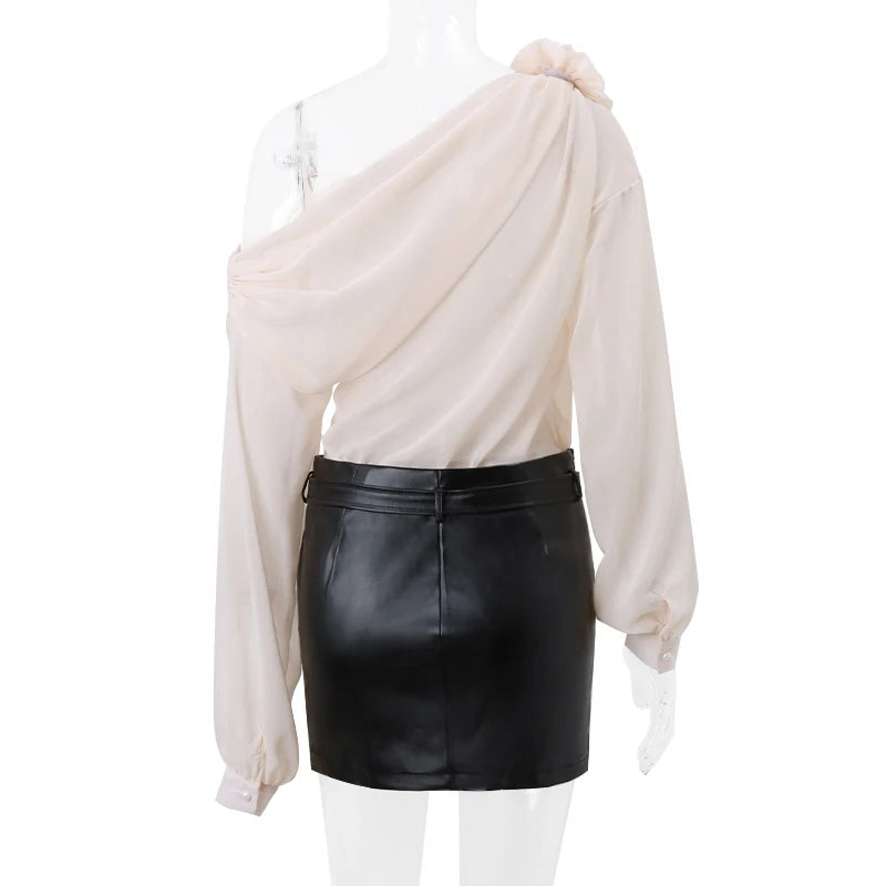 Sexy Irregular Oblique-neck Flower Applique T Shirt Summer Off Shoulder Fashion Long Sleeve Crop Tops Street Mesh Tees