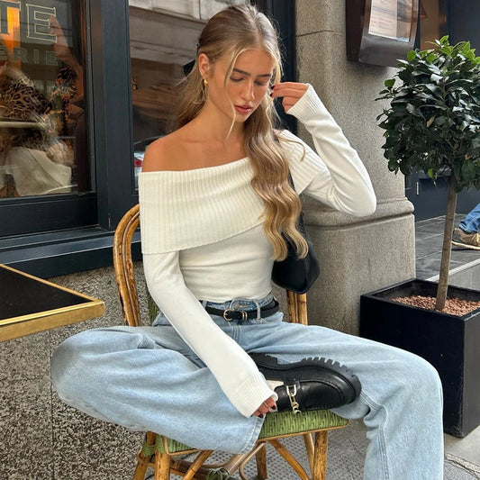 WhereMery Solid Elegant Off Shoulder Ribbed Crop Tops Summer Fashion Casual Skinny Long Sleeve Camisole Gentle Y2K Tight T-shirt