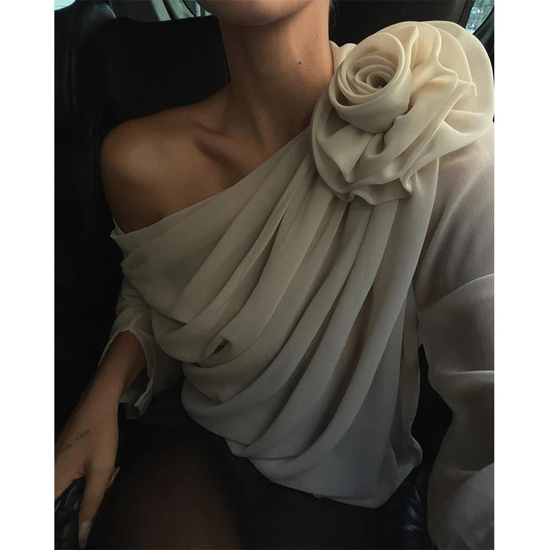 Sexy Irregular Oblique-neck Flower Applique T Shirt Summer Off Shoulder Fashion Long Sleeve Crop Tops Street Mesh Tees