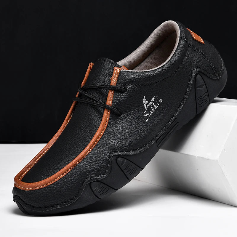 Handmade Leather Casual Men Shoes Design Sneakers Man Loafers Breathable Low Top Flat Shoes Driving Plus Size