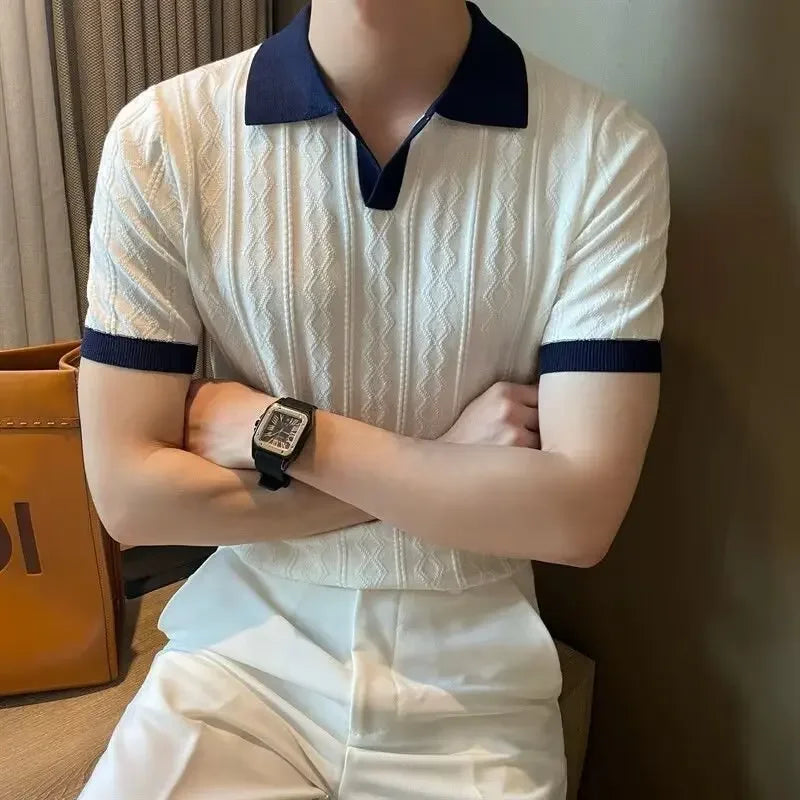 Men's Knit Short Sleeve Polo Shirt Casual Soft Supple High-end Feel Round Neck Loose-fit Top Japanese Style Solid Color