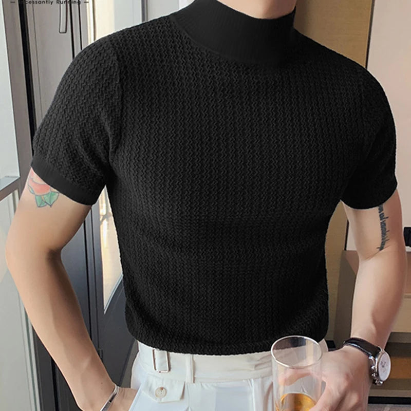 New Fashion Tight T-shirt Casual Streetwear Textured High-neck Solid Color Short-sleeved Bottoming Tees Korean Style Tops