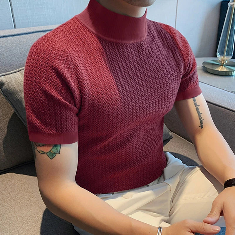 New Fashion Tight T-shirt Casual Streetwear Textured High-neck Solid Color Short-sleeved Bottoming Tees Korean Style Tops