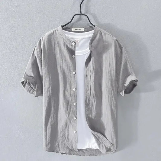 Men's Linen Shirt Short Sleeve Stand Collar Loose-fit Summer Thin Casual White Shirt Fresh Style Men's Casual Short Sleeve