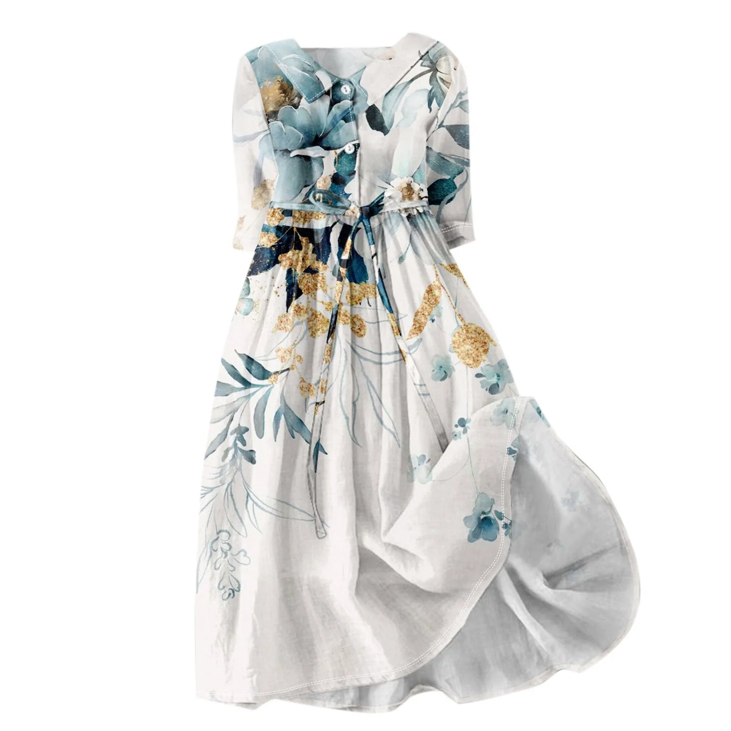 Women'S Fashion Vintage Floral Print Lapel Button Three Quarter Sleeves Strappy Dress Vestidos Verano Moda 2025 Summer Dress