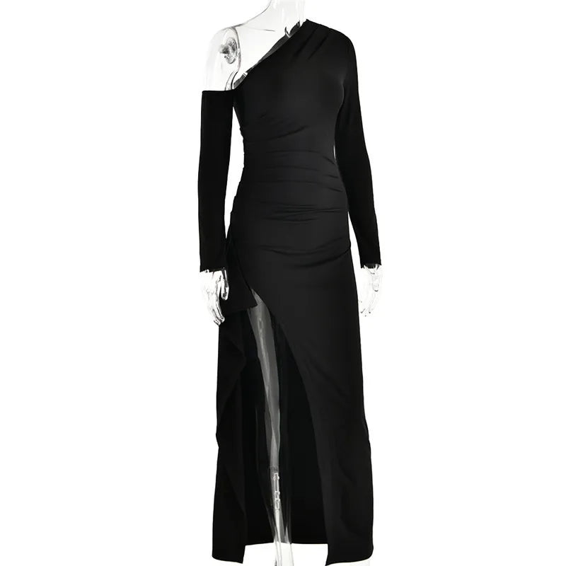 Mozision Oblique Shoulder Thigh High Split Maxi Dress Women Long Sleeve Backless Bodycon Sexy Club Party Long Dress Vestidos