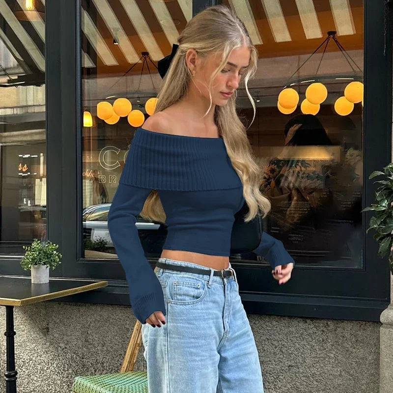 WhereMery Solid Elegant Off Shoulder Ribbed Crop Tops Summer Fashion Casual Skinny Long Sleeve Camisole Gentle Y2K Tight T-shirt