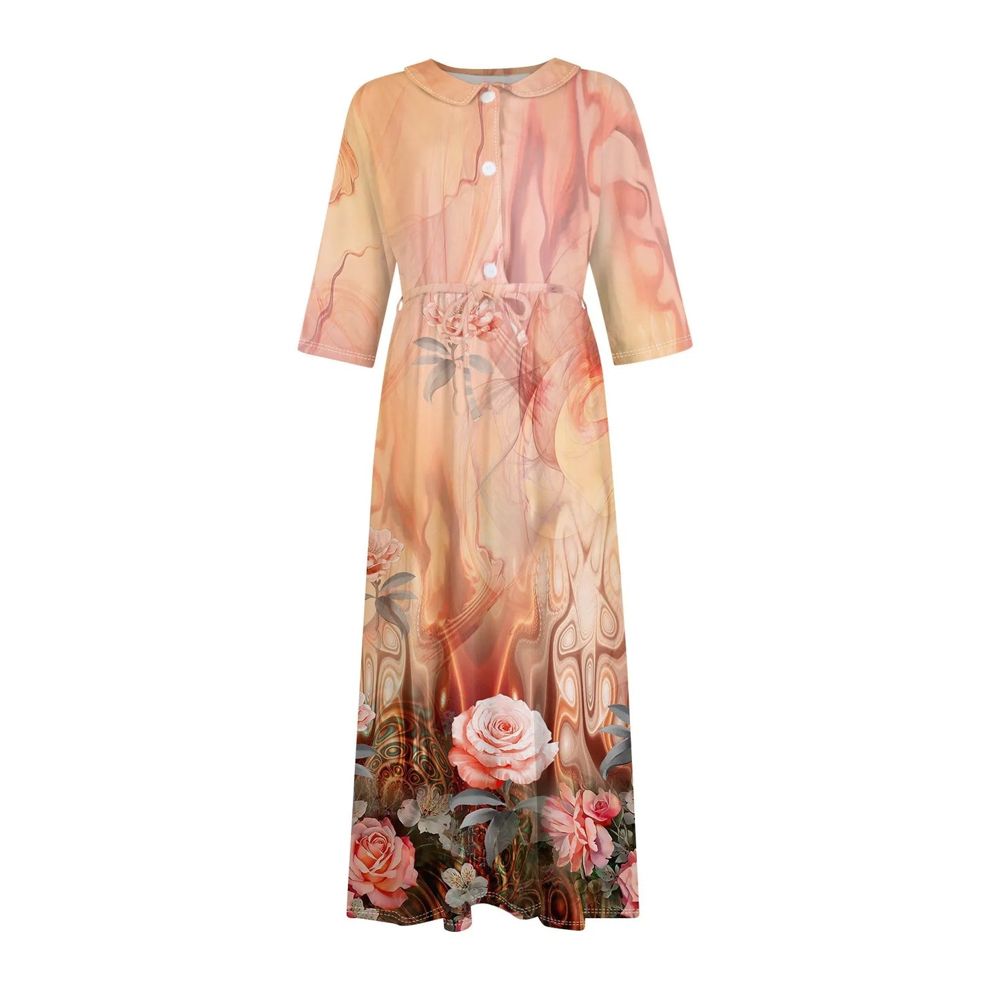 Women'S Fashion Vintage Floral Print Lapel Button Three Quarter Sleeves Strappy Dress Vestidos Verano Moda 2025 Summer Dress