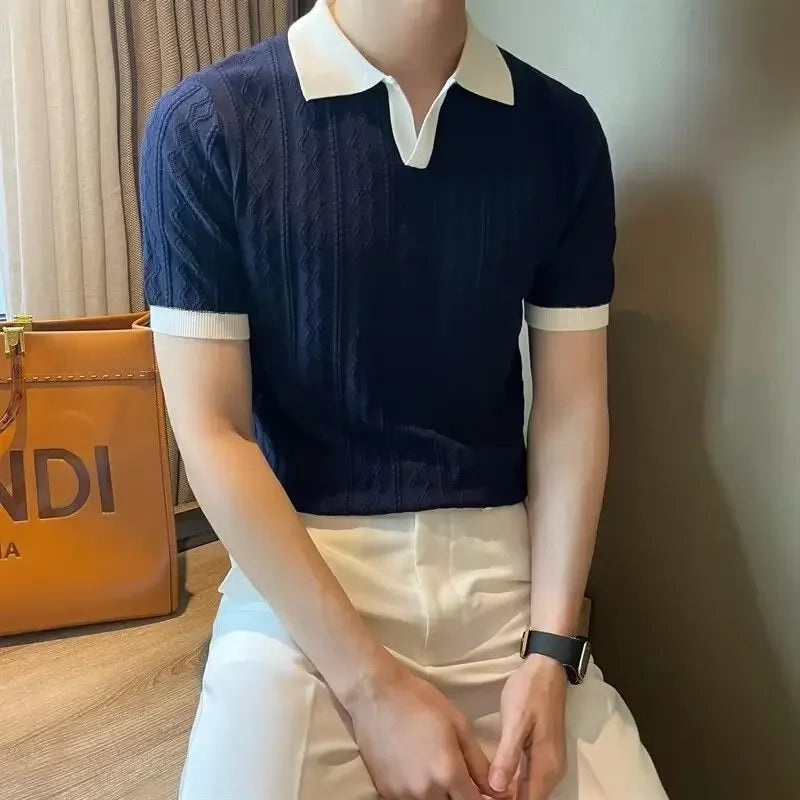 Men's Knit Short Sleeve Polo Shirt Casual Soft Supple High-end Feel Round Neck Loose-fit Top Japanese Style Solid Color