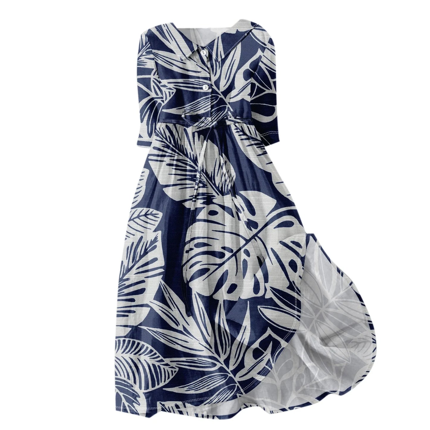 Women'S Fashion Vintage Floral Print Lapel Button Three Quarter Sleeves Strappy Dress Vestidos Verano Moda 2025 Summer Dress