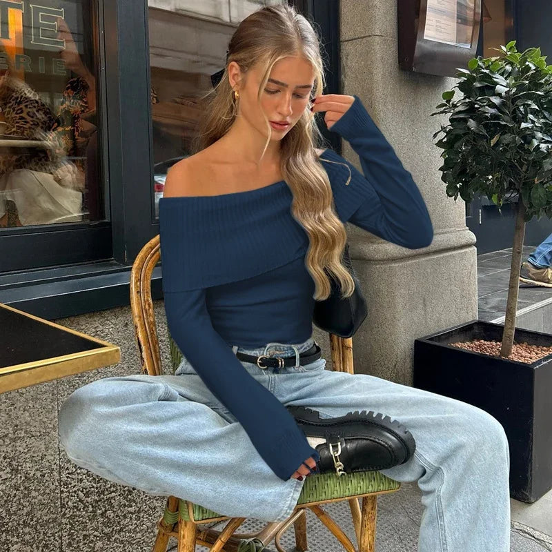 WhereMery Solid Elegant Off Shoulder Ribbed Crop Tops Summer Fashion Casual Skinny Long Sleeve Camisole Gentle Y2K Tight T-shirt