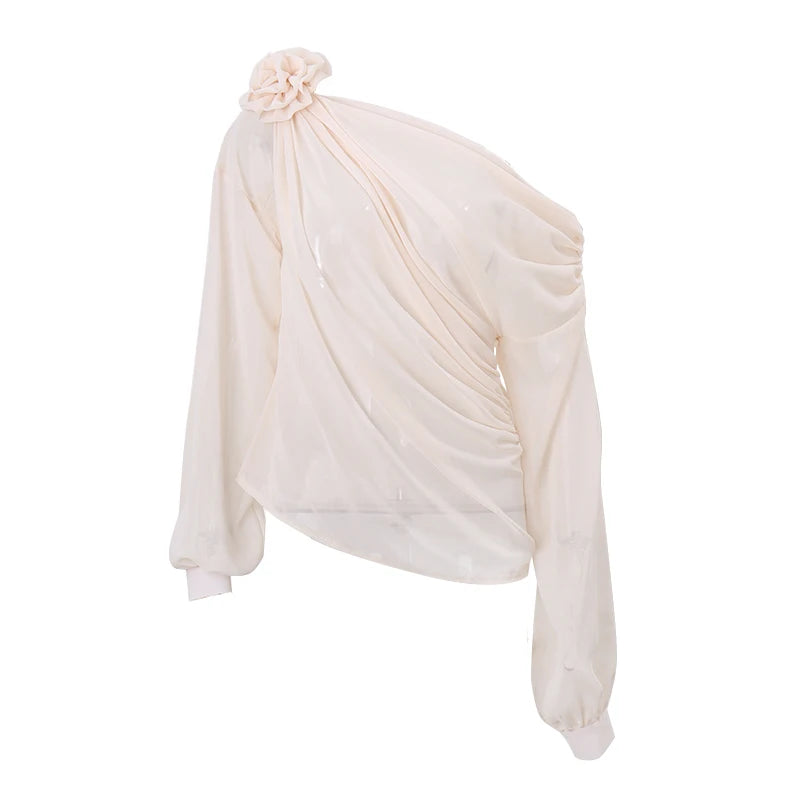 Sexy Irregular Oblique-neck Flower Applique T Shirt Summer Off Shoulder Fashion Long Sleeve Crop Tops Street Mesh Tees
