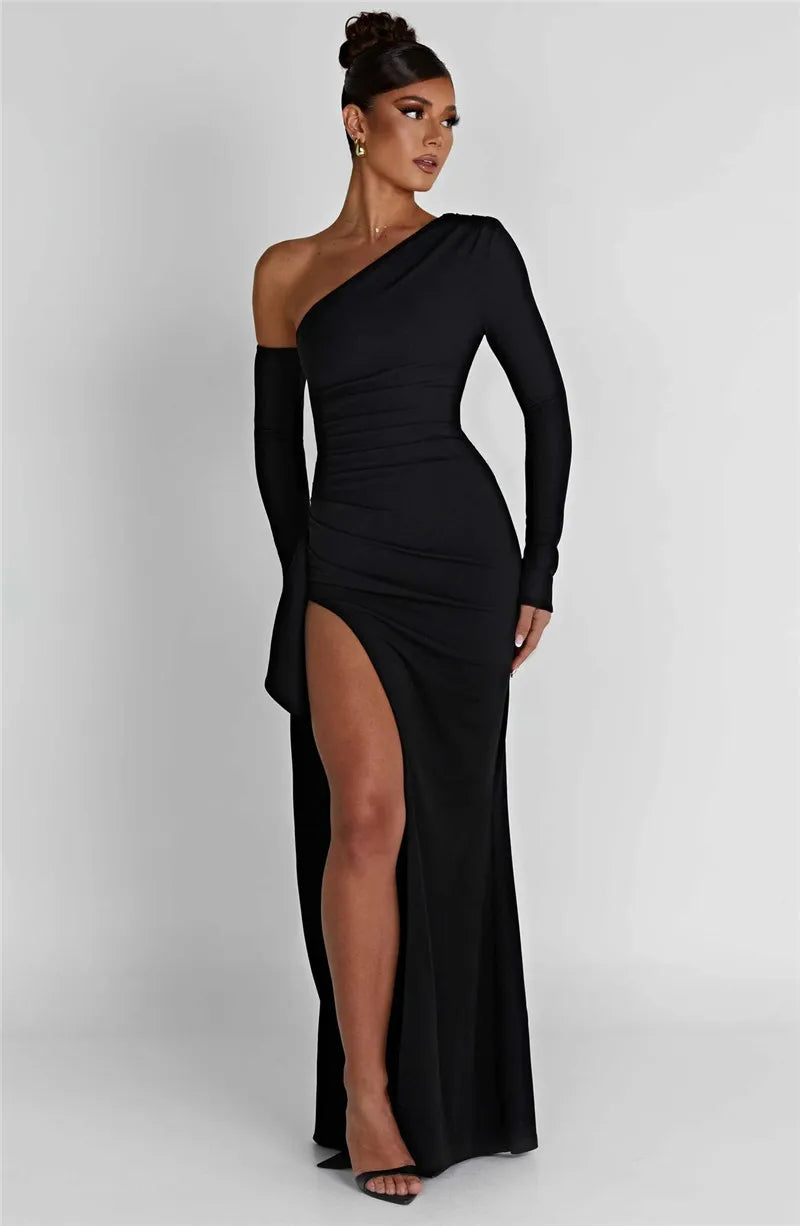 Mozision Oblique Shoulder Thigh High Split Maxi Dress Women Long Sleeve Backless Bodycon Sexy Club Party Long Dress Vestidos