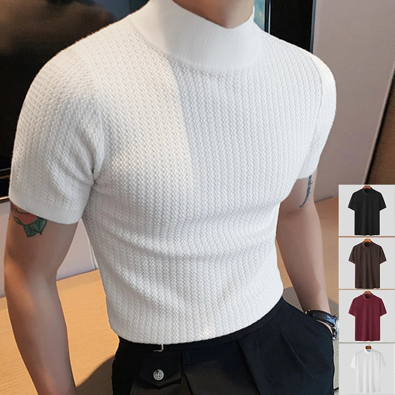 New Fashion Tight T-shirt Casual Streetwear Textured High-neck Solid Color Short-sleeved Bottoming Tees Korean Style Tops
