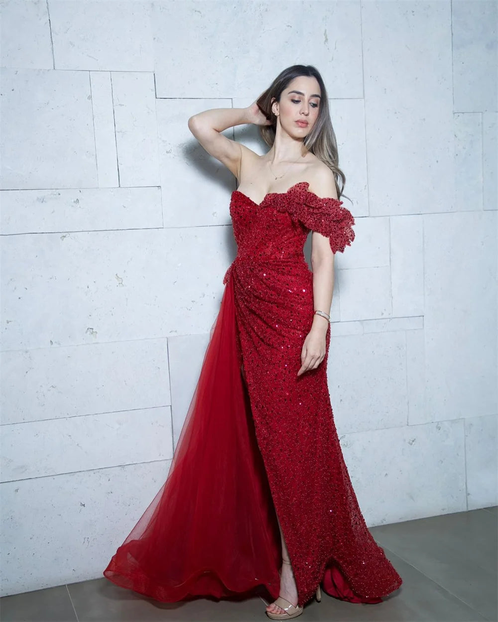 Cathy Burgundy One-Shoulder Beaded Leaf Prom Dress Side High Split Mermaid vestidos de noiva Customized Floor-length Graduation