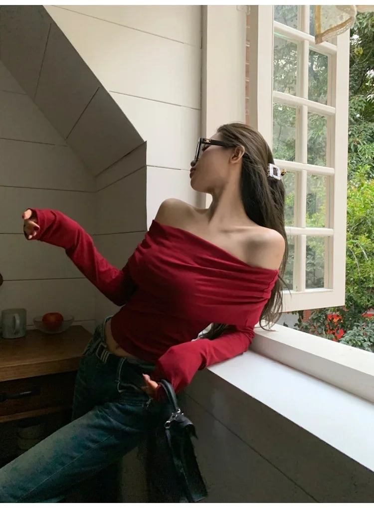 Red Sexy Tops Off Shoulder Long Sleeve T-shirt Women's Solid Elegant Autumn/Winter New Spicy Girl Slim Fit Short Red Crop Top