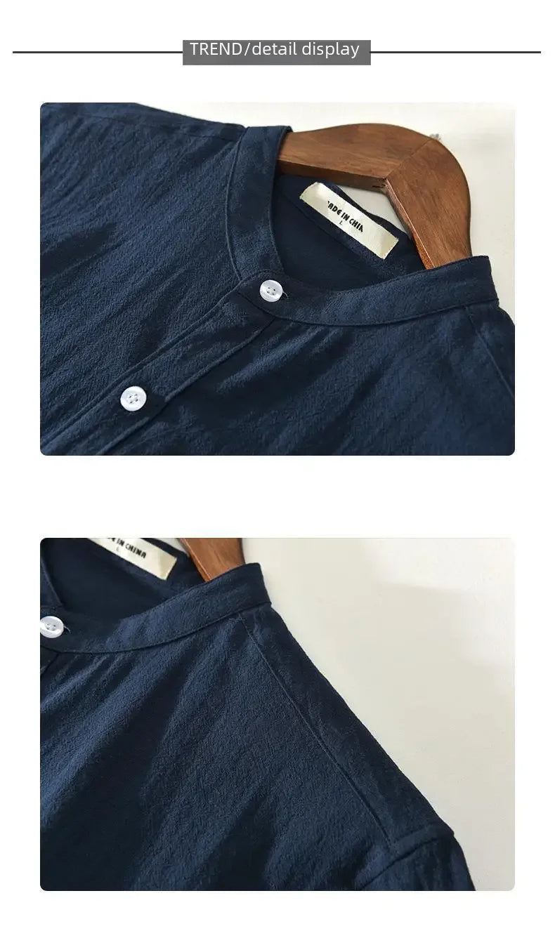 Men's Linen Shirt Short Sleeve Stand Collar Loose-fit Summer Thin Casual White Shirt Fresh Style Men's Casual Short Sleeve