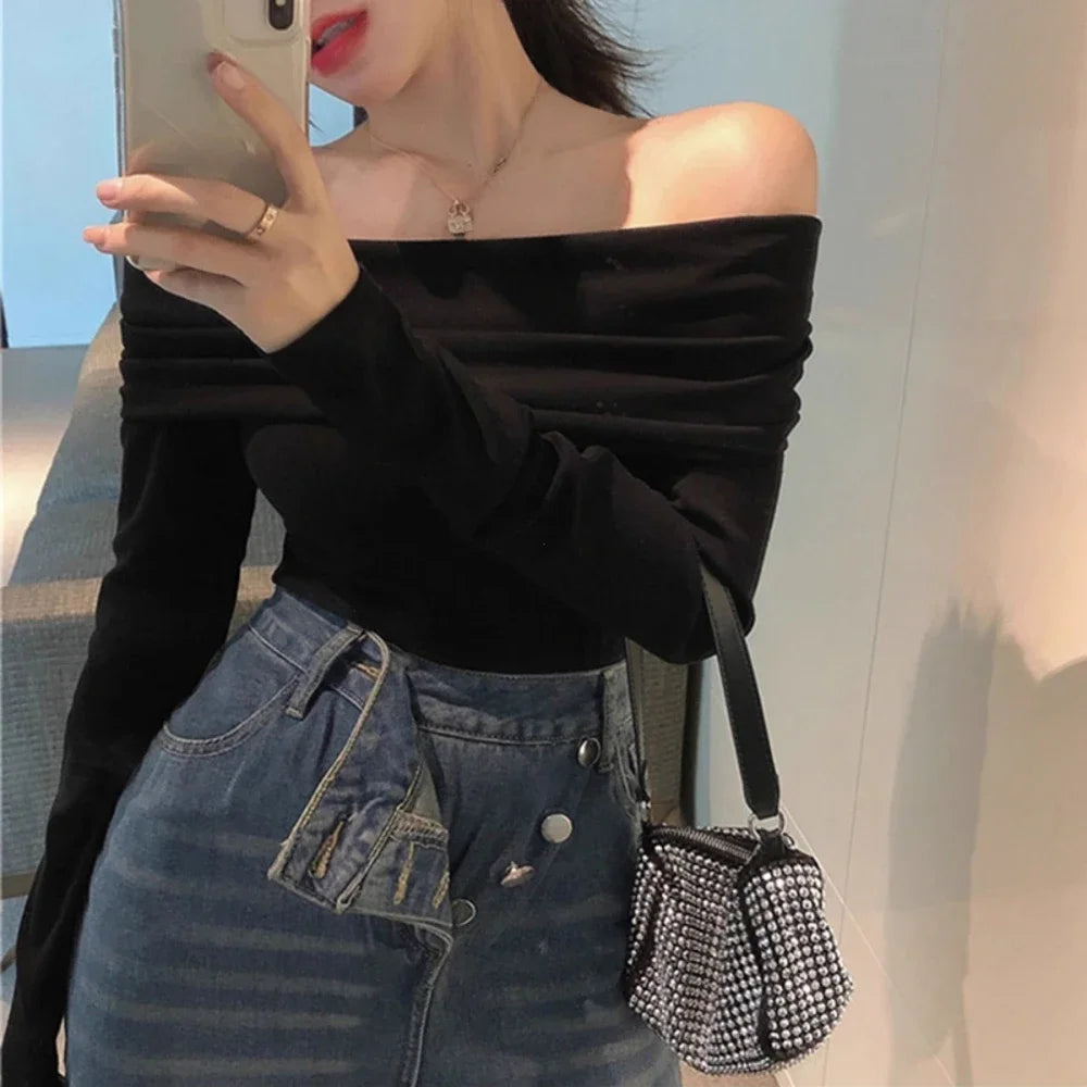 Red Sexy Tops Off Shoulder Long Sleeve T-shirt Women's Solid Elegant Autumn/Winter New Spicy Girl Slim Fit Short Red Crop Top