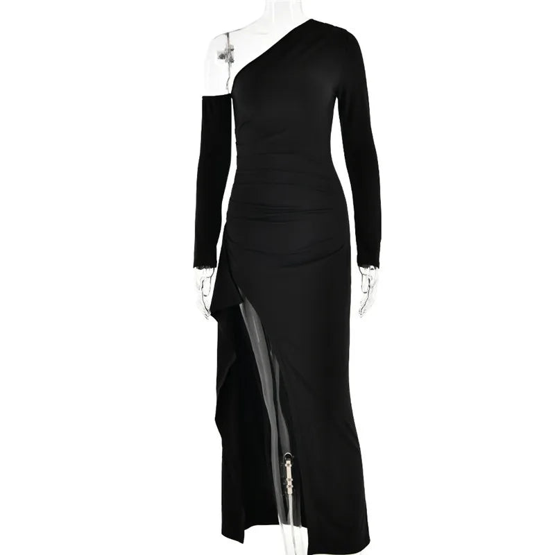Mozision Oblique Shoulder Thigh High Split Maxi Dress Women Long Sleeve Backless Bodycon Sexy Club Party Long Dress Vestidos