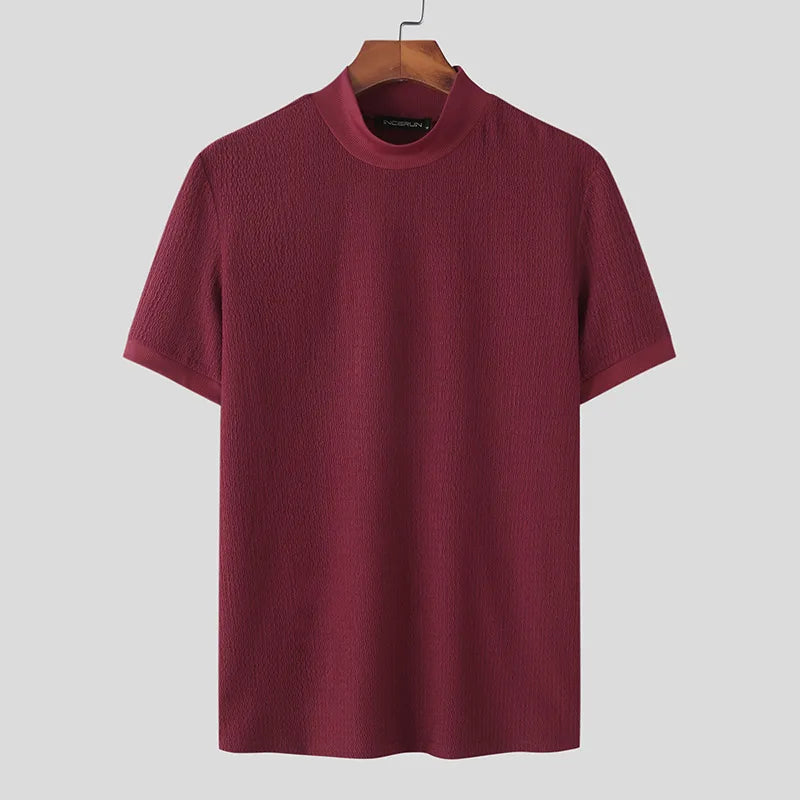 New Fashion Tight T-shirt Casual Streetwear Textured High-neck Solid Color Short-sleeved Bottoming Tees Korean Style Tops