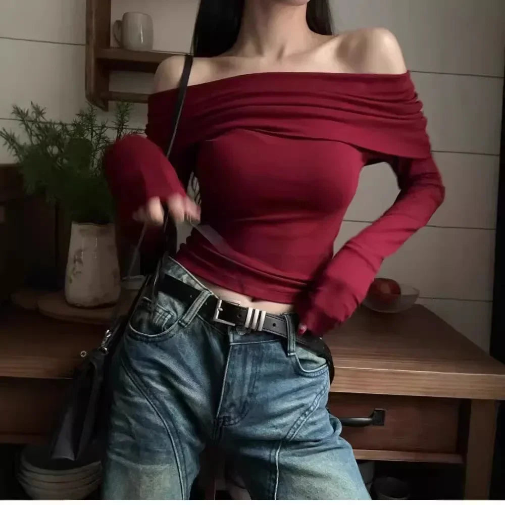 Red Sexy Tops Off Shoulder Long Sleeve T-shirt Women's Solid Elegant Autumn/Winter New Spicy Girl Slim Fit Short Red Crop Top