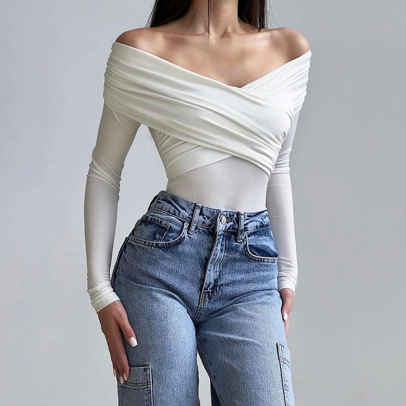 new 2025 sexy and fashionable V-neck off shoulder patchwork long sleeved slim fit versatile casual jumpsuit for woman