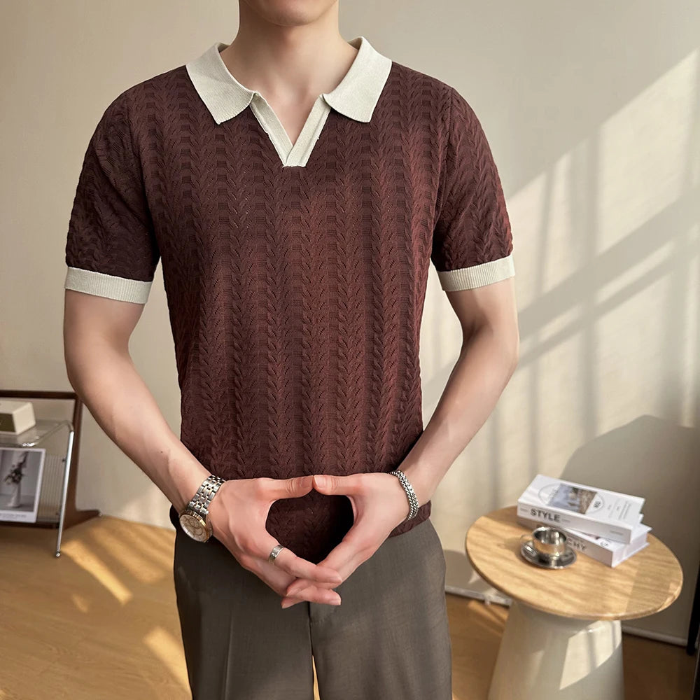 Men's 2025 Summer New Knitwear, Versatile Breathable Hollow Thin Short Sleeve Polo Shirt Fashion Plus Size Shirt Polo Shirt