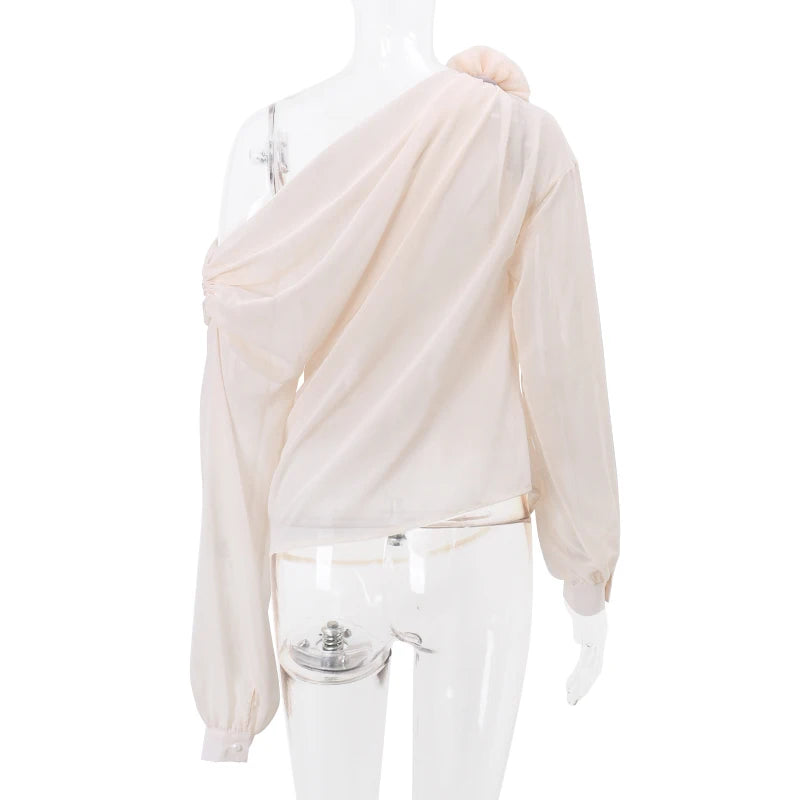 Sexy Irregular Oblique-neck Flower Applique T Shirt Summer Off Shoulder Fashion Long Sleeve Crop Tops Street Mesh Tees