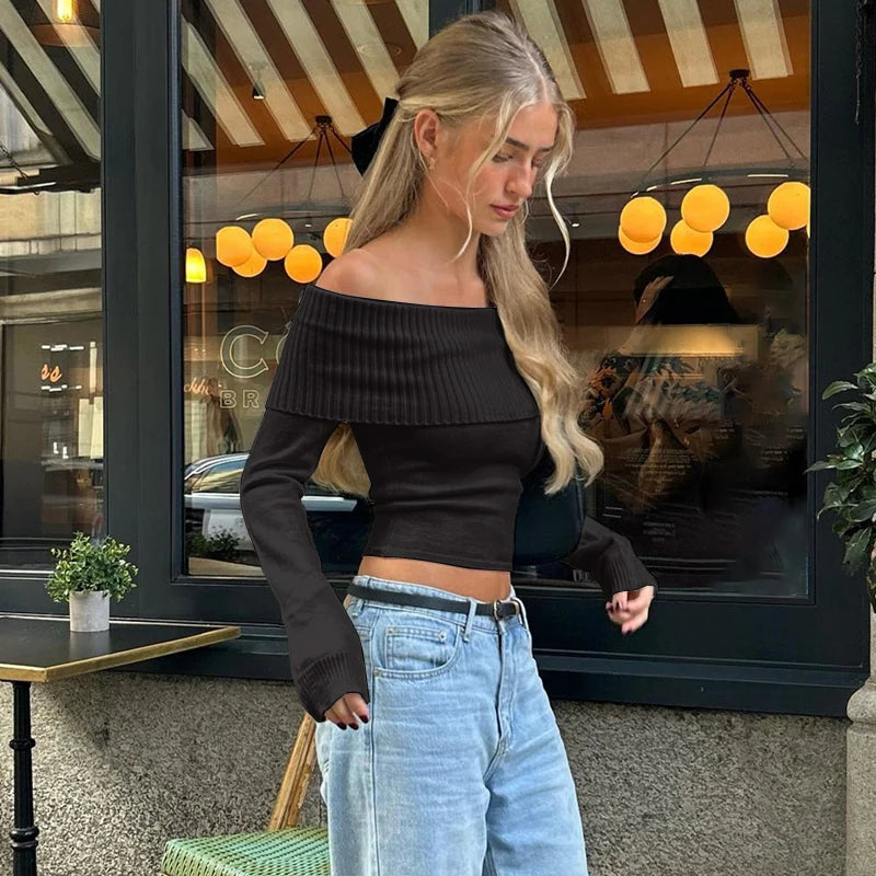 WhereMery Solid Elegant Off Shoulder Ribbed Crop Tops Summer Fashion Casual Skinny Long Sleeve Camisole Gentle Y2K Tight T-shirt
