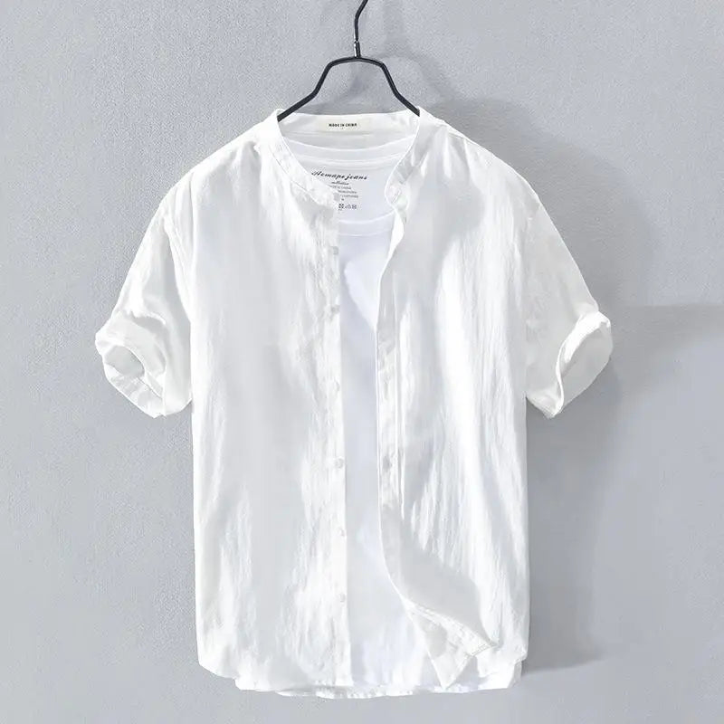 Men's Linen Shirt Short Sleeve Stand Collar Loose-fit Summer Thin Casual White Shirt Fresh Style Men's Casual Short Sleeve