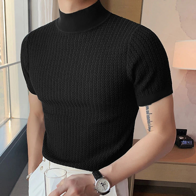 New Fashion Tight T-shirt Casual Streetwear Textured High-neck Solid Color Short-sleeved Bottoming Tees Korean Style Tops