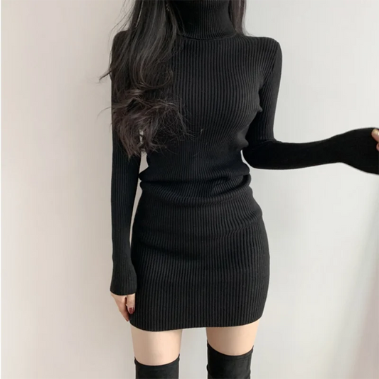Women Turtleneck Warm Bodycon Dress Long Sleeve Knit Solid Office Pullover Sexy Mini Dress for Ladies 2025