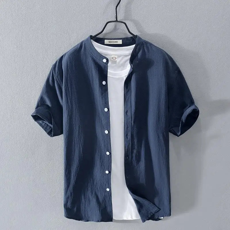 Men's Linen Shirt Short Sleeve Stand Collar Loose-fit Summer Thin Casual White Shirt Fresh Style Men's Casual Short Sleeve