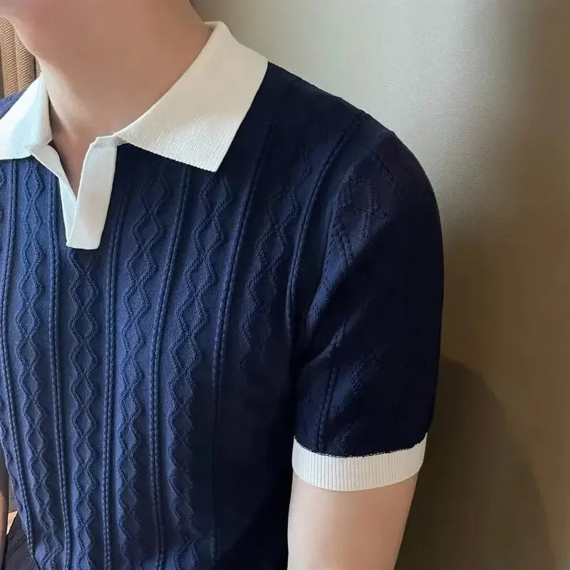 Men's Knit Short Sleeve Polo Shirt Casual Soft Supple High-end Feel Round Neck Loose-fit Top Japanese Style Solid Color