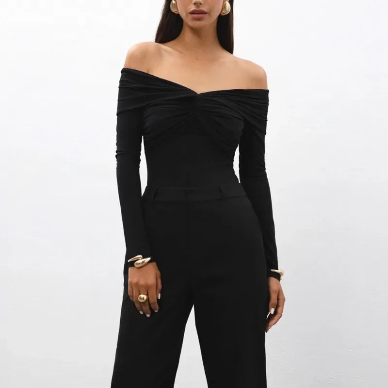 Sexy T-shirt Top Women's Pleated Long Sleeve Inner V-Neck White Slim Twist Cropped Pullover Female Tee
