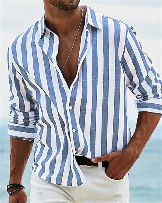 2024 New Men's Long sleeved Blue Stripe Printed Shirt Social Luxury Men's Wear