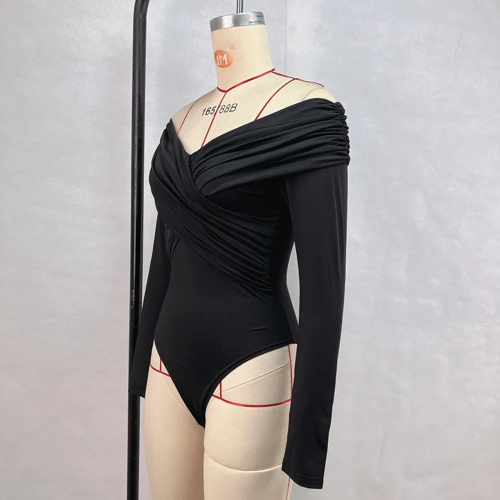 new 2025 sexy and fashionable V-neck off shoulder patchwork long sleeved slim fit versatile casual jumpsuit for woman
