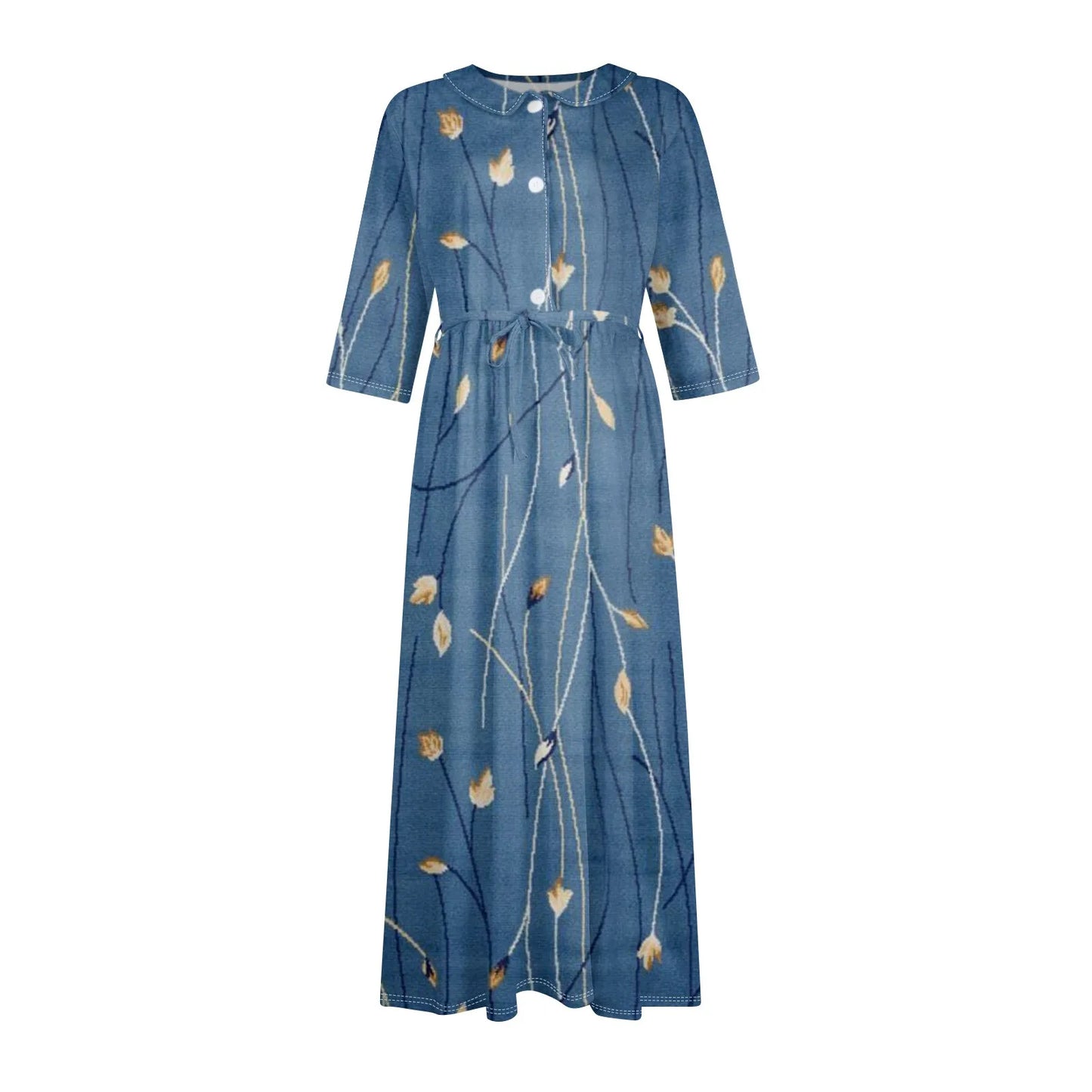 Women'S Fashion Vintage Floral Print Lapel Button Three Quarter Sleeves Strappy Dress Vestidos Verano Moda 2025 Summer Dress