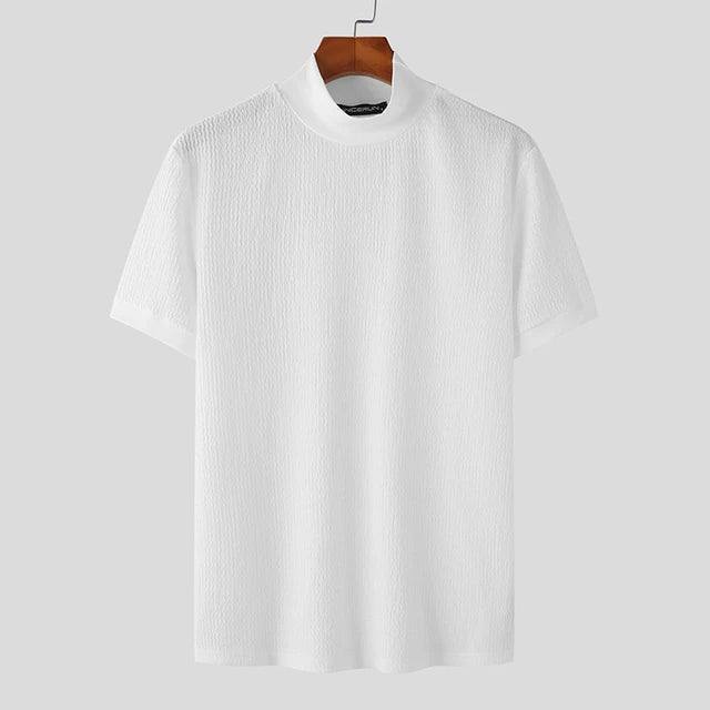 New Fashion Tight T-shirt Casual Streetwear Textured High-neck Solid Color Short-sleeved Bottoming Tees Korean Style Tops