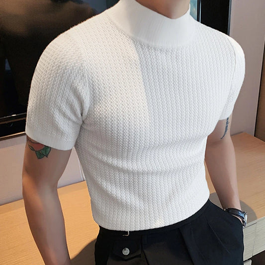 New Fashion Tight T-shirt Casual Streetwear Textured High-neck Solid Color Short-sleeved Bottoming Tees Korean Style Tops