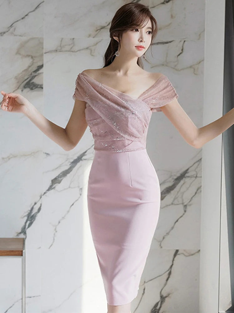 Fashion Evening Dress Women Ladies Clothes Elegant Sparkly Shiny Sequin Sexy Off-Shoulder Backless Midi Party Prom Mujer Vestido